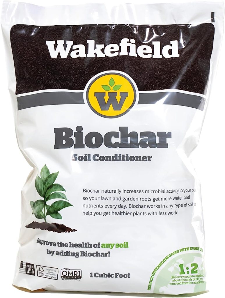 A bag of Biochar soil conditioner for healthier soil with long-lasting benefits and drought resistance